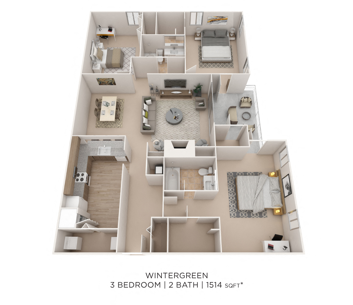 Three Bedroom 2 Bath - 1,524 sqft floor plan