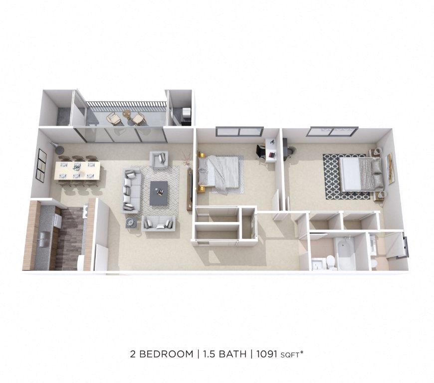 Two Bedroom 1.5 Bath - 1,091 sqft floor plan