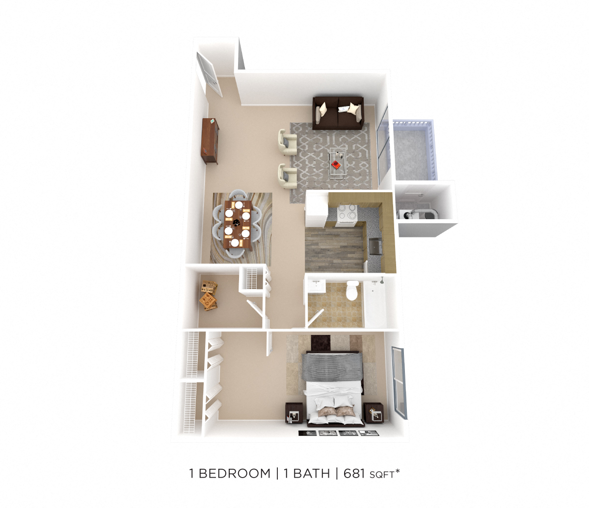 One Bedroom - 681 sqft floor plan