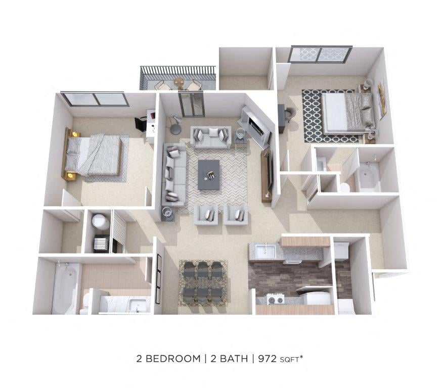 Two Bedroom 2 Bath-972 sqft floor plan