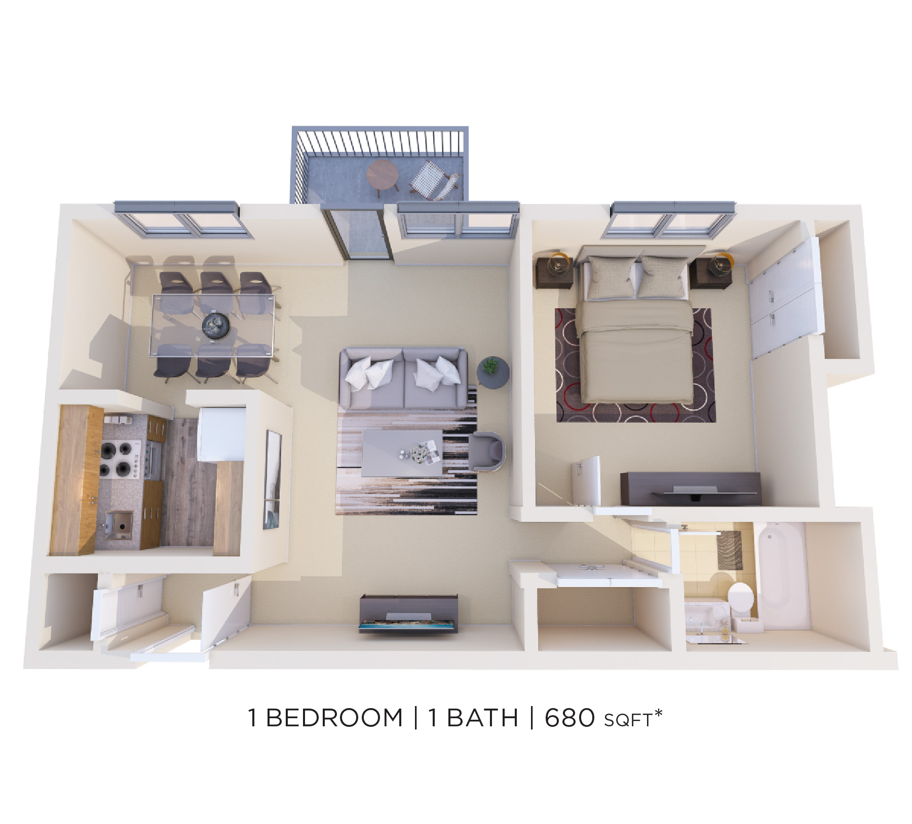 1 Bed 1 Bath - 680 sqft floor plan