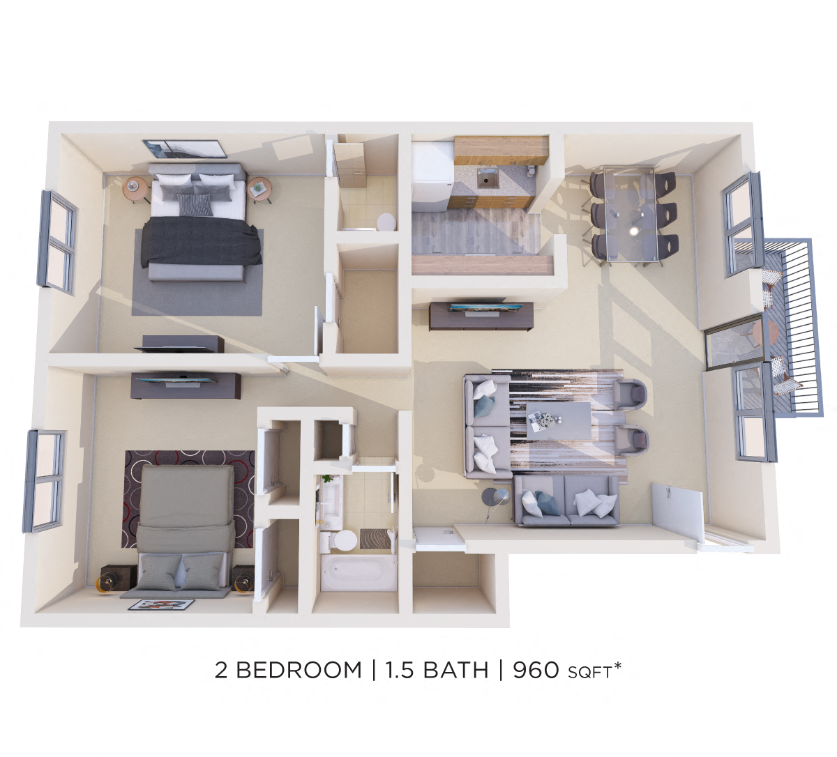Two Bedroom 1.5 Bath - 960 sqft floor plan