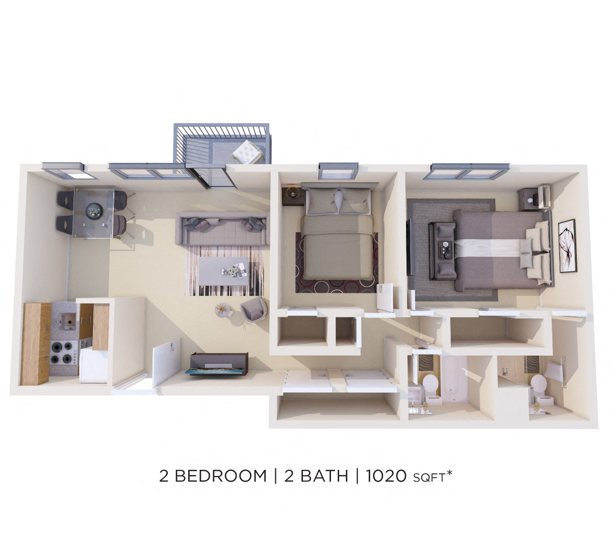 Two Bedroom 2 Bath - 1,020 sqft floor plan