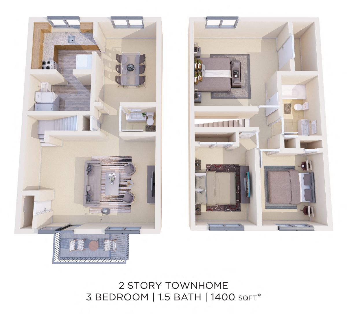 Three Bedroom 1.5 Bath Townhouse - 1,400 sqft floor plan