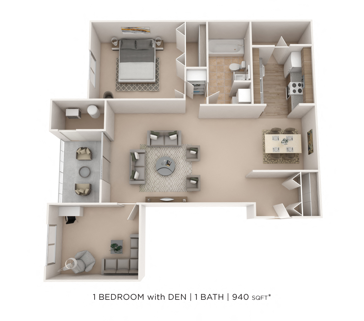 One Bedroom w/ Den-940 sqft floor plan