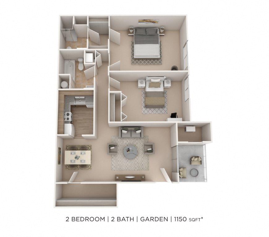Two Bedroom 2 Bath- 1150sqft floor plan