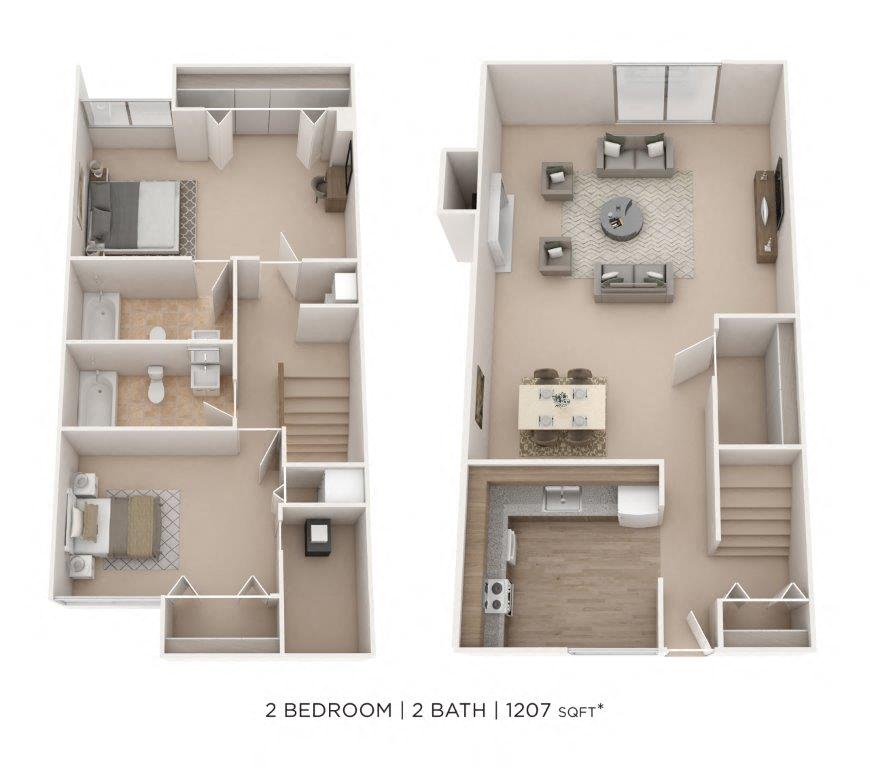 Two Bedroom 2 Bath Townhome- 1207 sqft floor plan