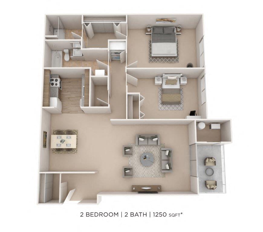Two Bedroom 2 Bath- 1250 sqft floor plan