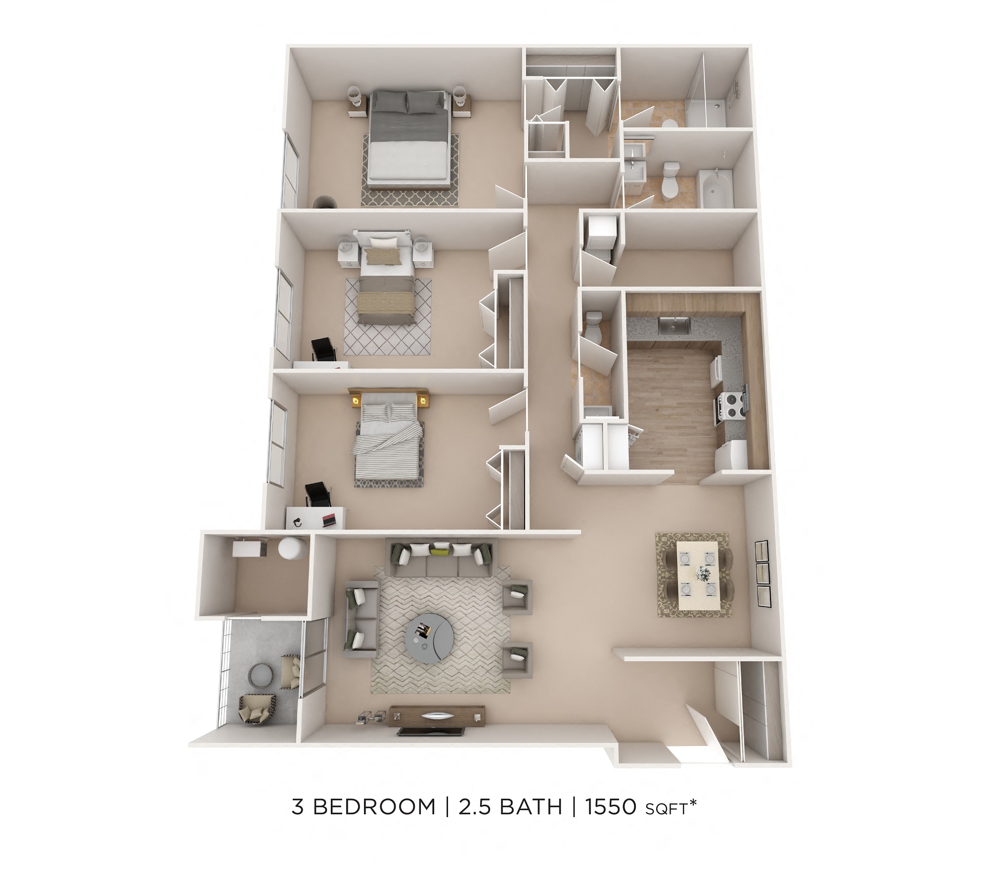 Three Bedroom 2.5 Bath- 1550 sqft floor plan