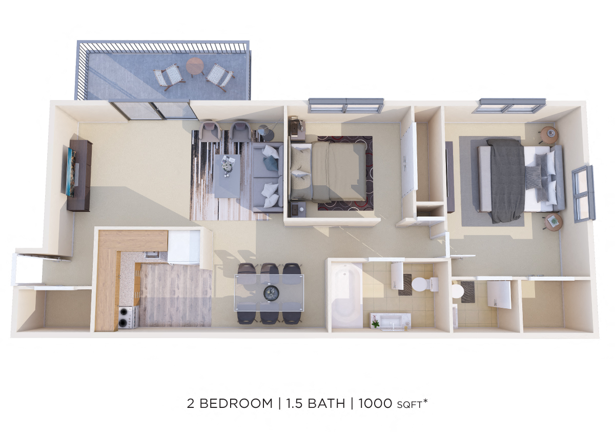 Two Bedroom 1.5 Bath - 1,000 sqft floor plan