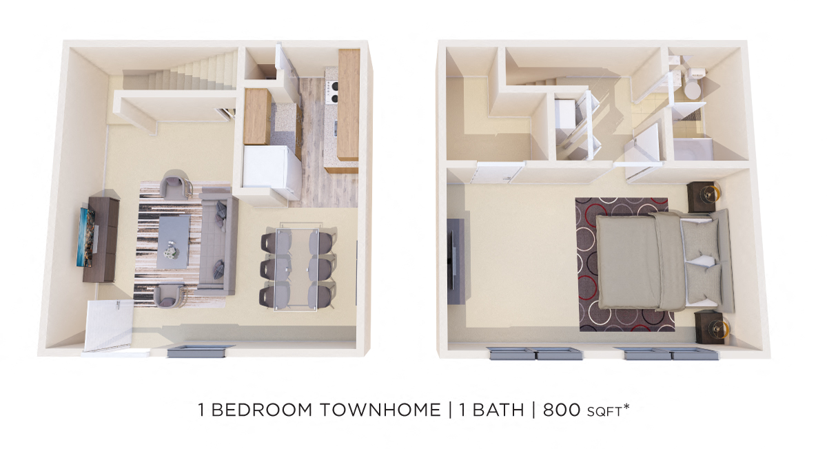 One Bedroom Townhome - 800 sqft floor plan