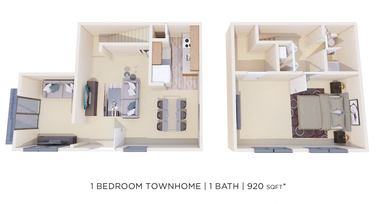 One  Bedroom w/ Den Townhome - 920 sqft floor plan
