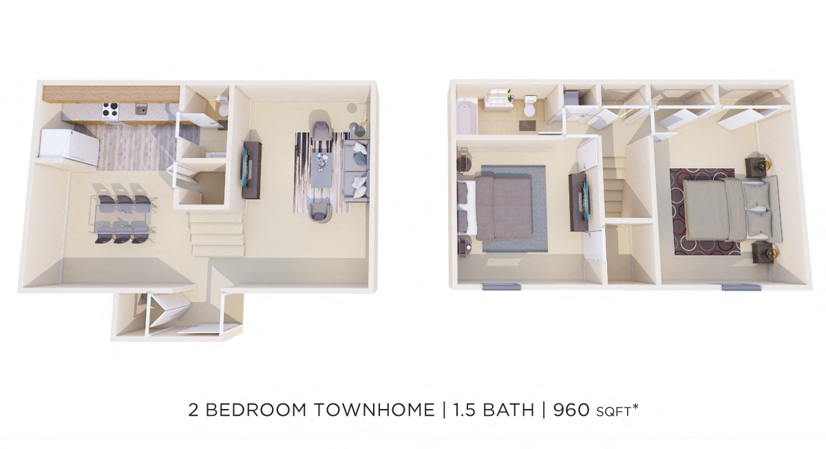 Two Bedroom 1.5 Bath Townhome - 960 sqft floor plan
