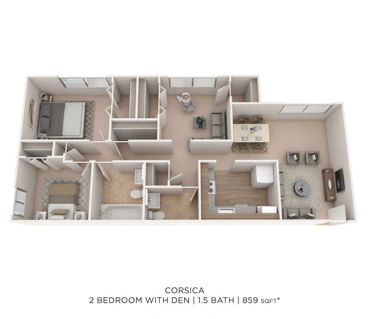 Two Bedroom 1.5 Bath - 859 sqft floor plan