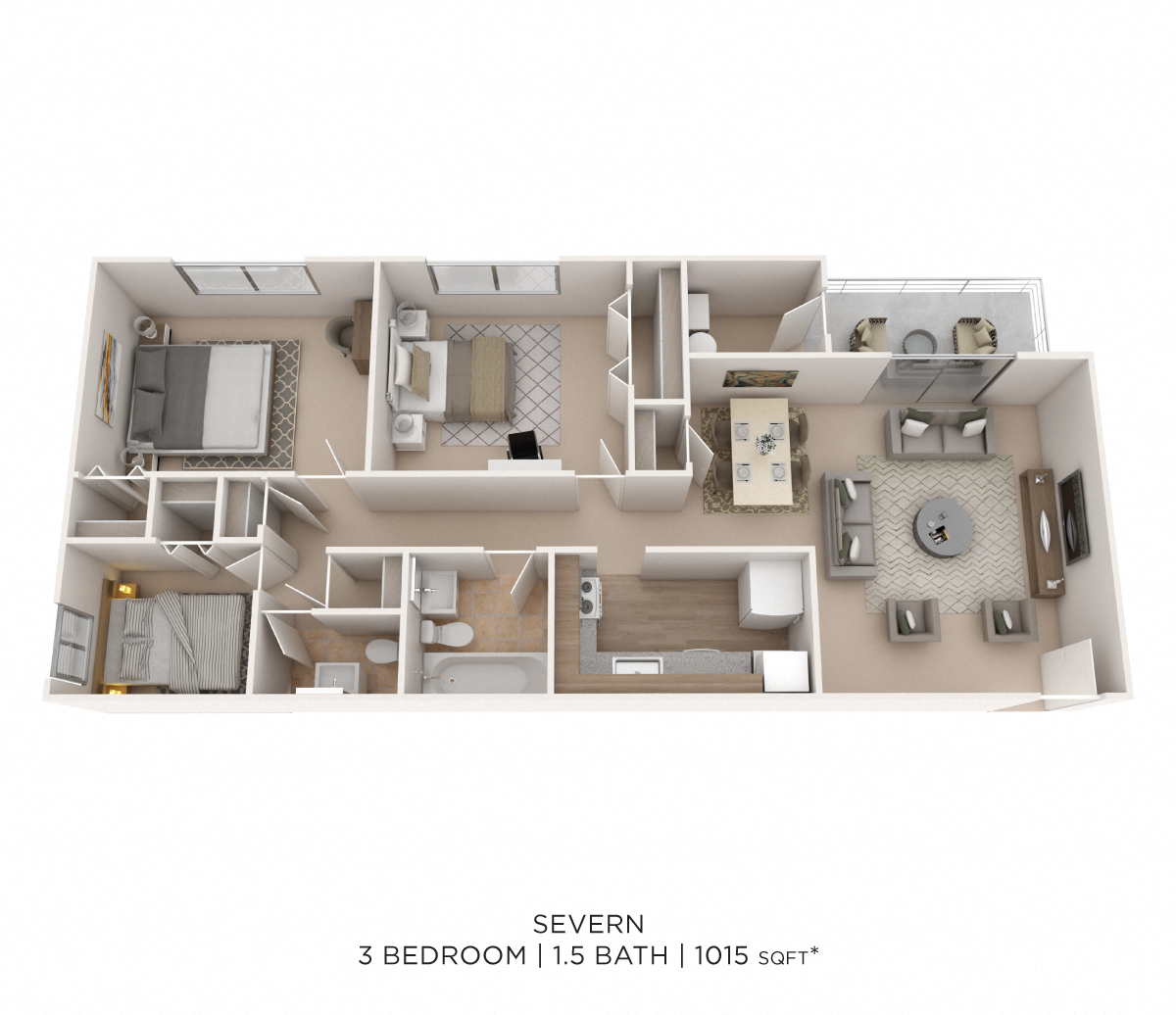 Three Bedroom 1.5 Bath - 1,015 sqft floor plan
