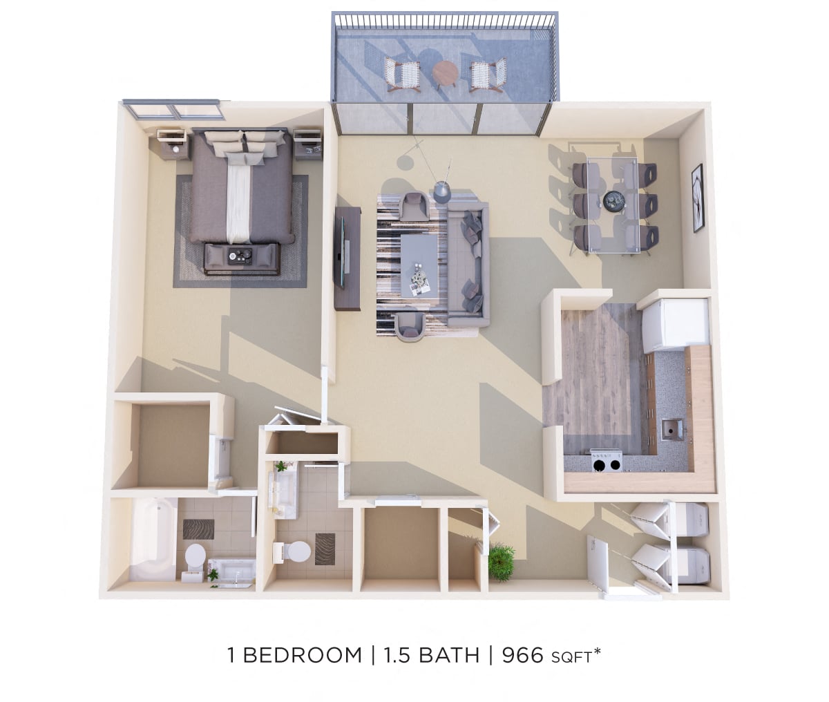 One Bedroom 1.5 Bath - 966 sqft floor plan