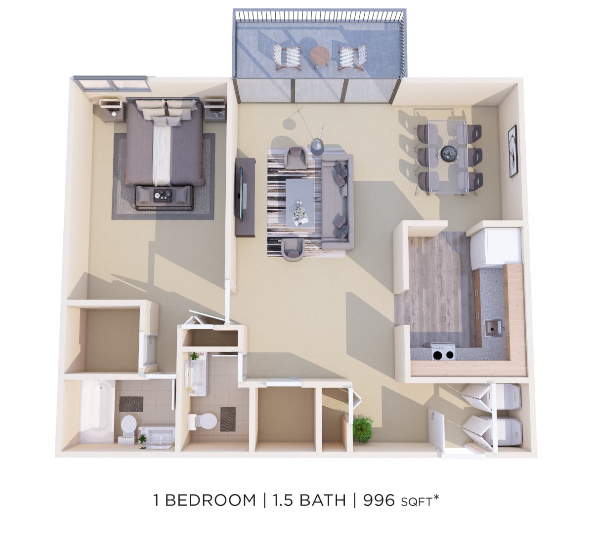 One Bedroom 1.5 Bath - 990 sqft floor plan