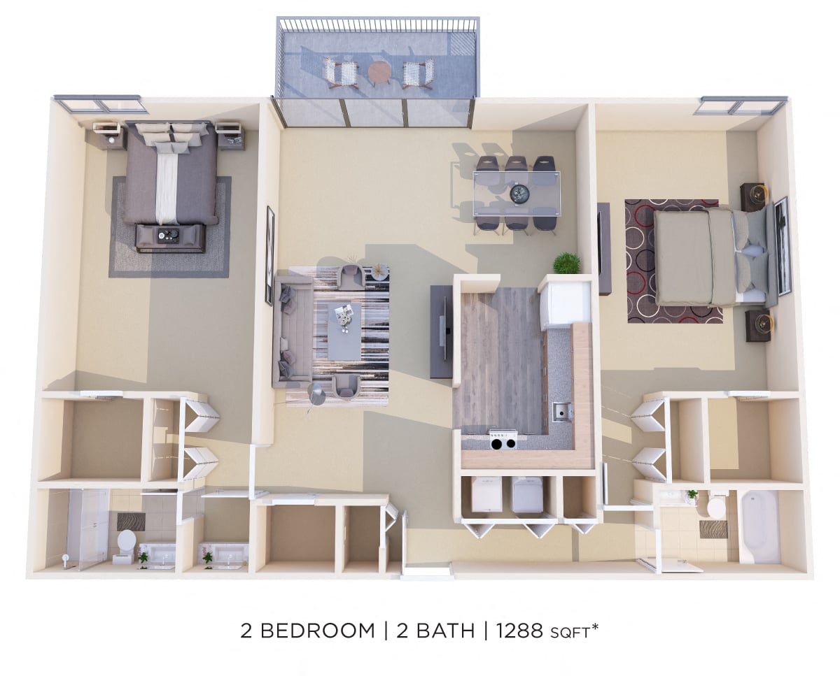 Two Bedroom 2 Bath - 1,288 sqft floor plan