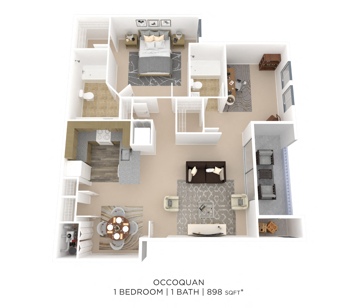 One Bedroom 2 Bath w/ Den - 898 sqft floor plan
