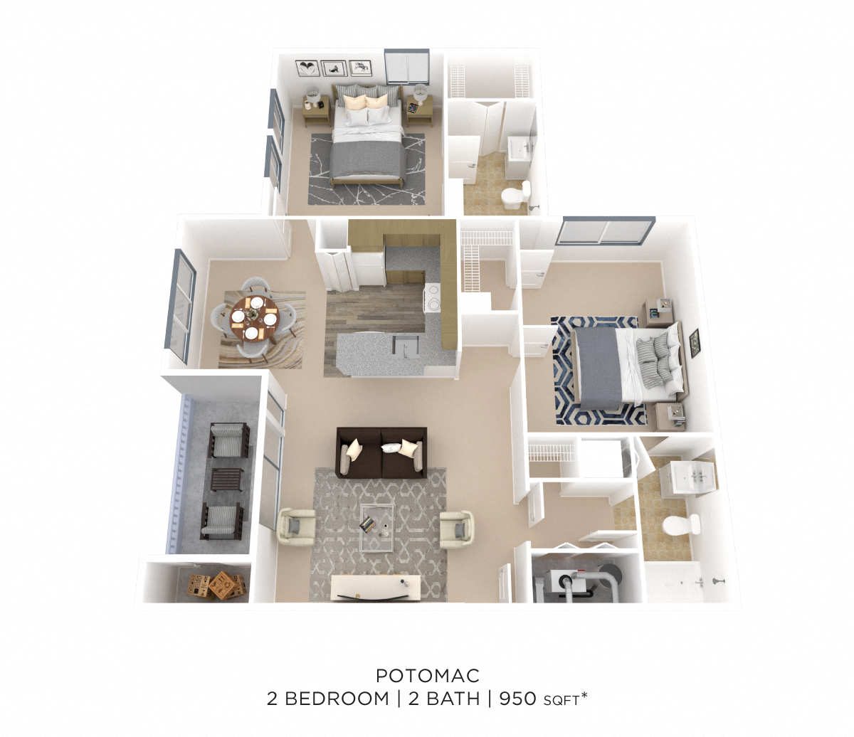 Two Bedroom 2 Bath - 950 sqft floor plan