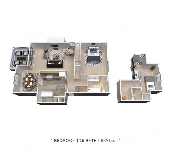 One Bedroom 1.5 Bath - 1,070 sqft floor plan