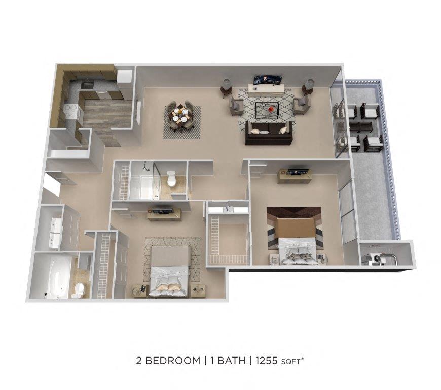 Two Bedroom 2 Bath - 1,255 sqft floor plan