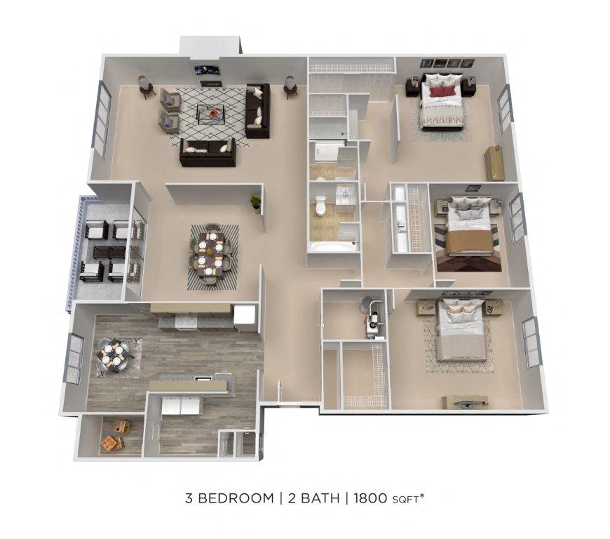 Three Bedroom 2 Bath - 1,800 sqft floor plan