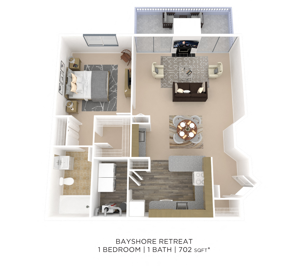 One Bedroom- 702 sqft floor plan