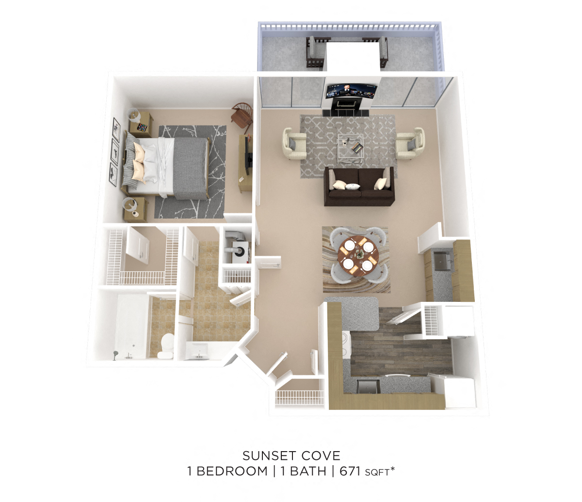 One Bedroom- 671 sqft floor plan
