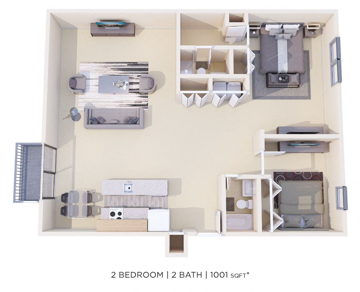 Two Bedroom 2 Bath - 1,001 sqft floor plan