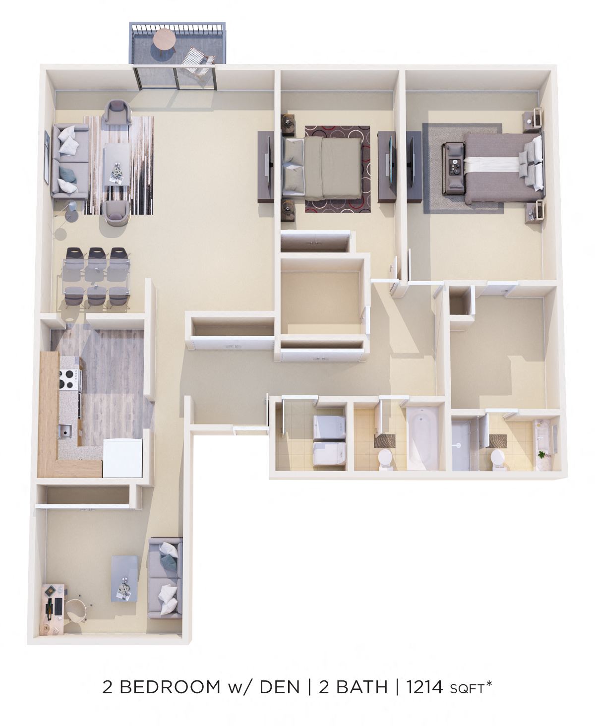 Two Bedroom 2 Bath w/ Den - 1,214 sqft floor plan