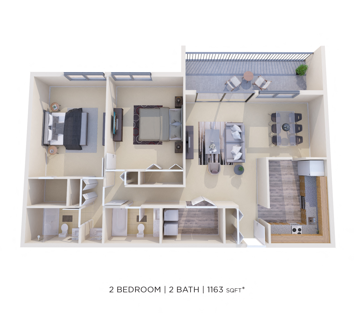 Two Bedroom 2 Bath-1163 sqft floor plan