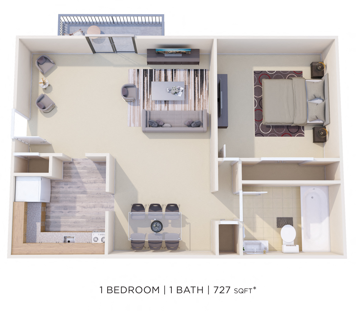 One Bedroom - 727 sqft floor plan