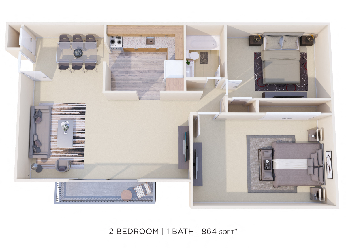 Two Bedroom- 864 sqft floor plan