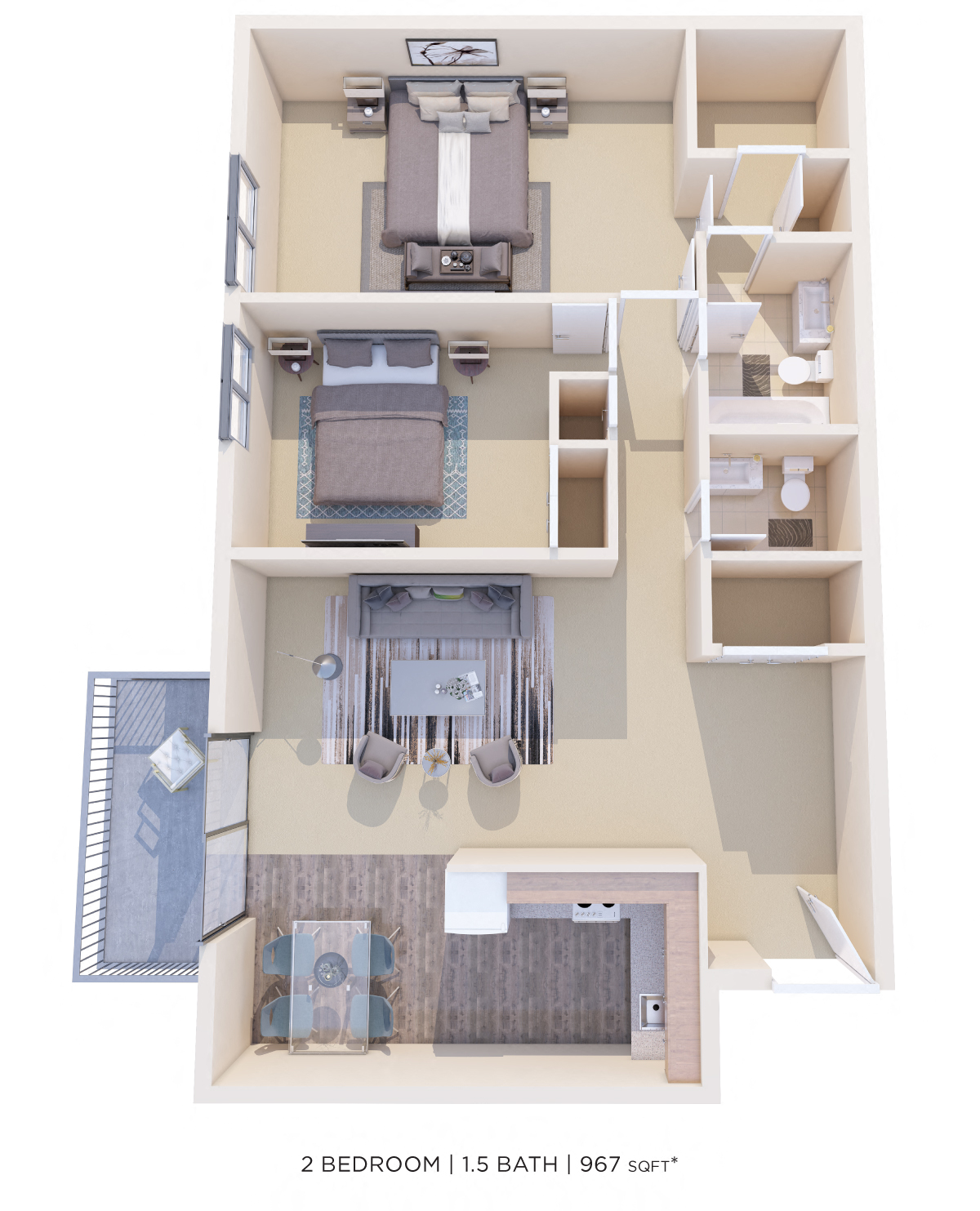 Two Bedroom 1.5 Bath - 967 sqft floor plan
