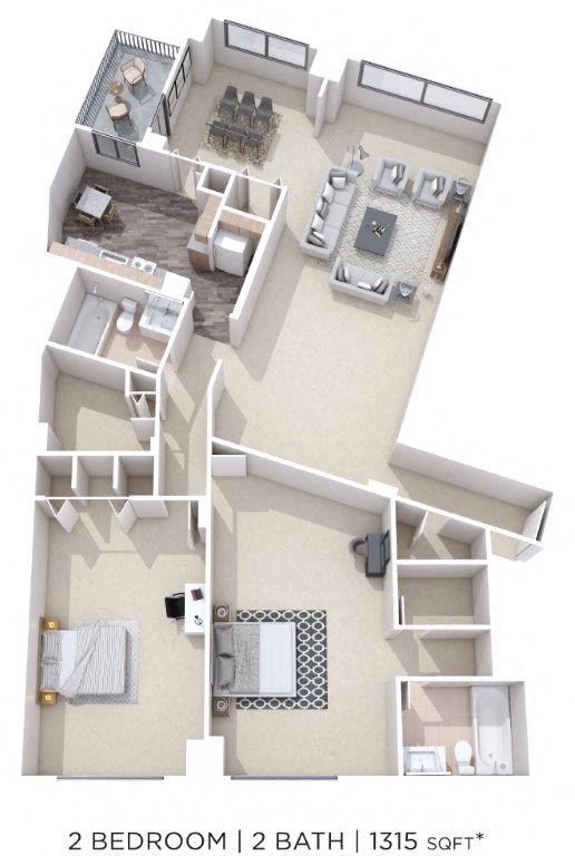 Two Bedroom 2 Bath- 1315 sqft floor plan