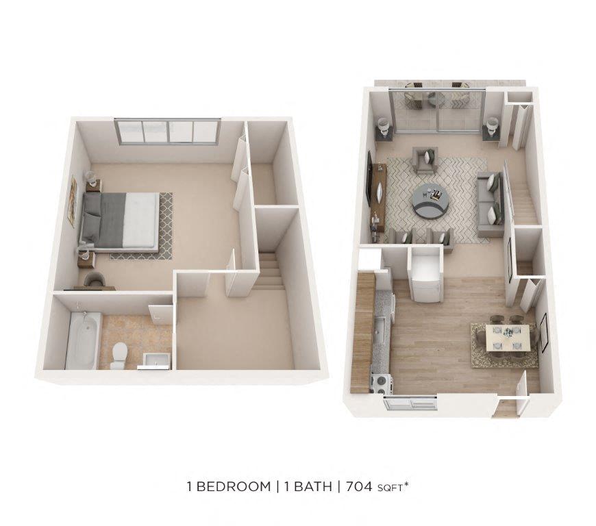 One Bedroom Townhome - 704 sqft floor plan