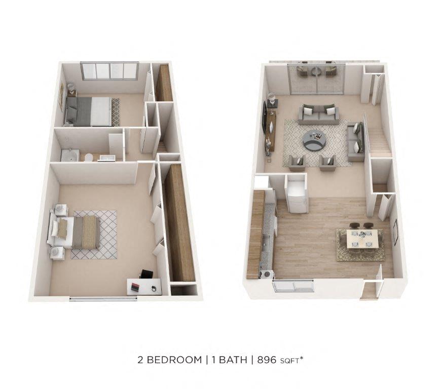 Two Bedroom Townhome - 896 sqft floor plan