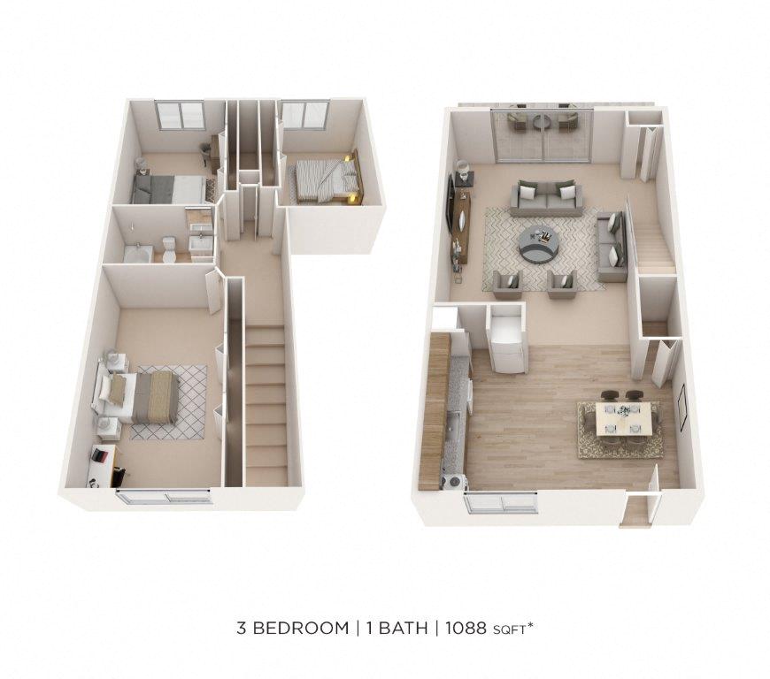 Three Bedroom Townhome - 1,088 sqft floor plan