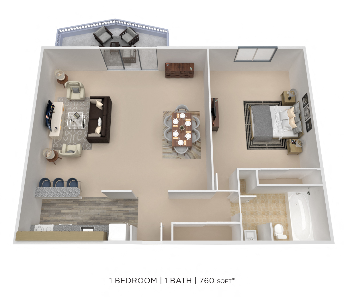 One Bedroom - 760 sqft floor plan