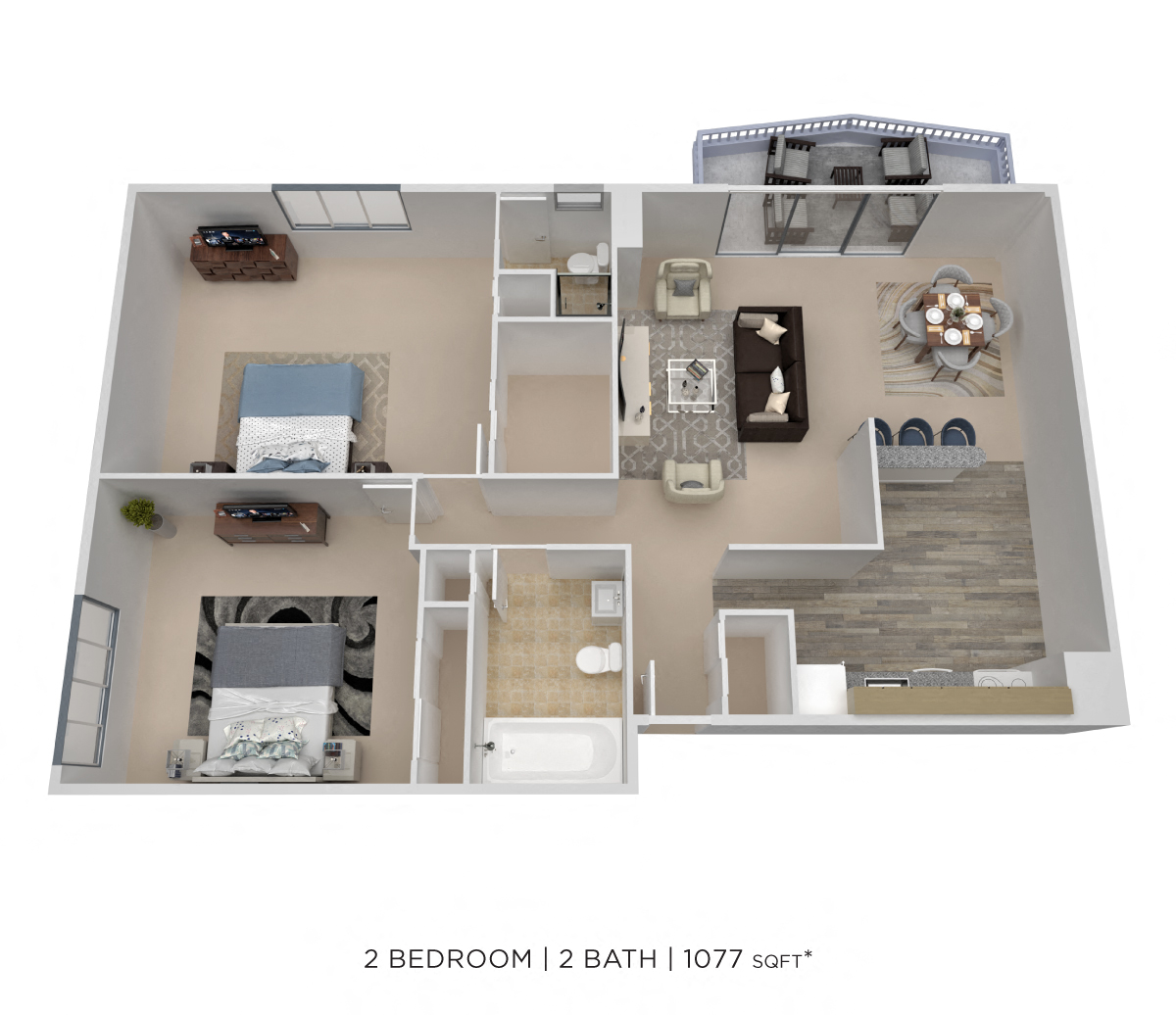 Two Bedroom 2 Bath - 1,077 sqft floor plan