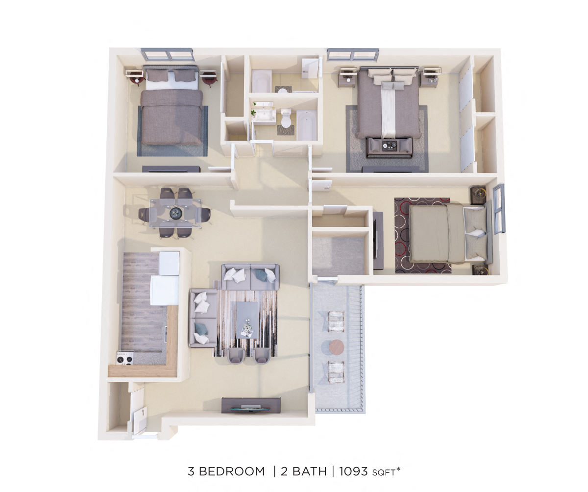 Three Bedroom 2 Bath - 1,093 sqft floor plan