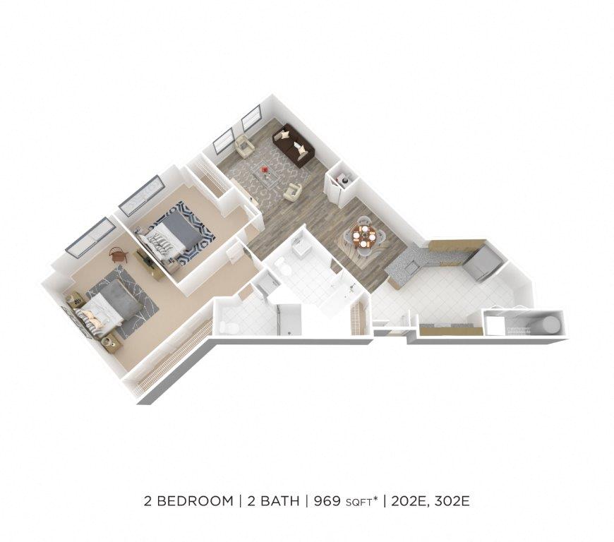 Two Bedroom 2 Bath-969 sqft floor plan