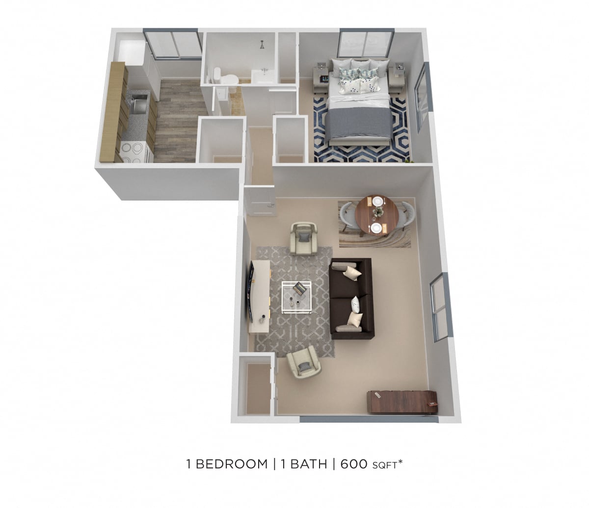 One Bedroom - 600 sqft floor plan