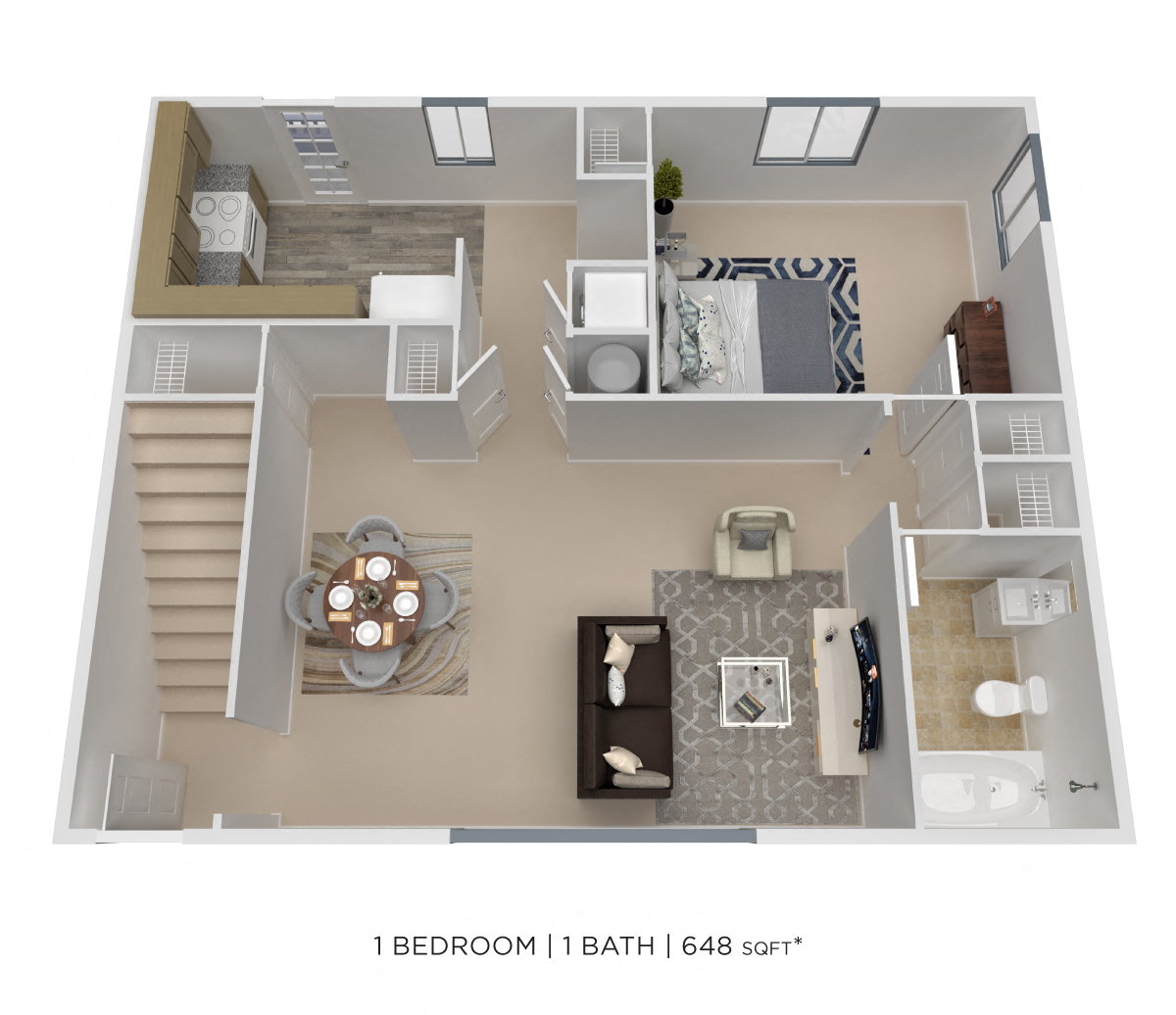 One Bedroom - 648 sqft floor plan