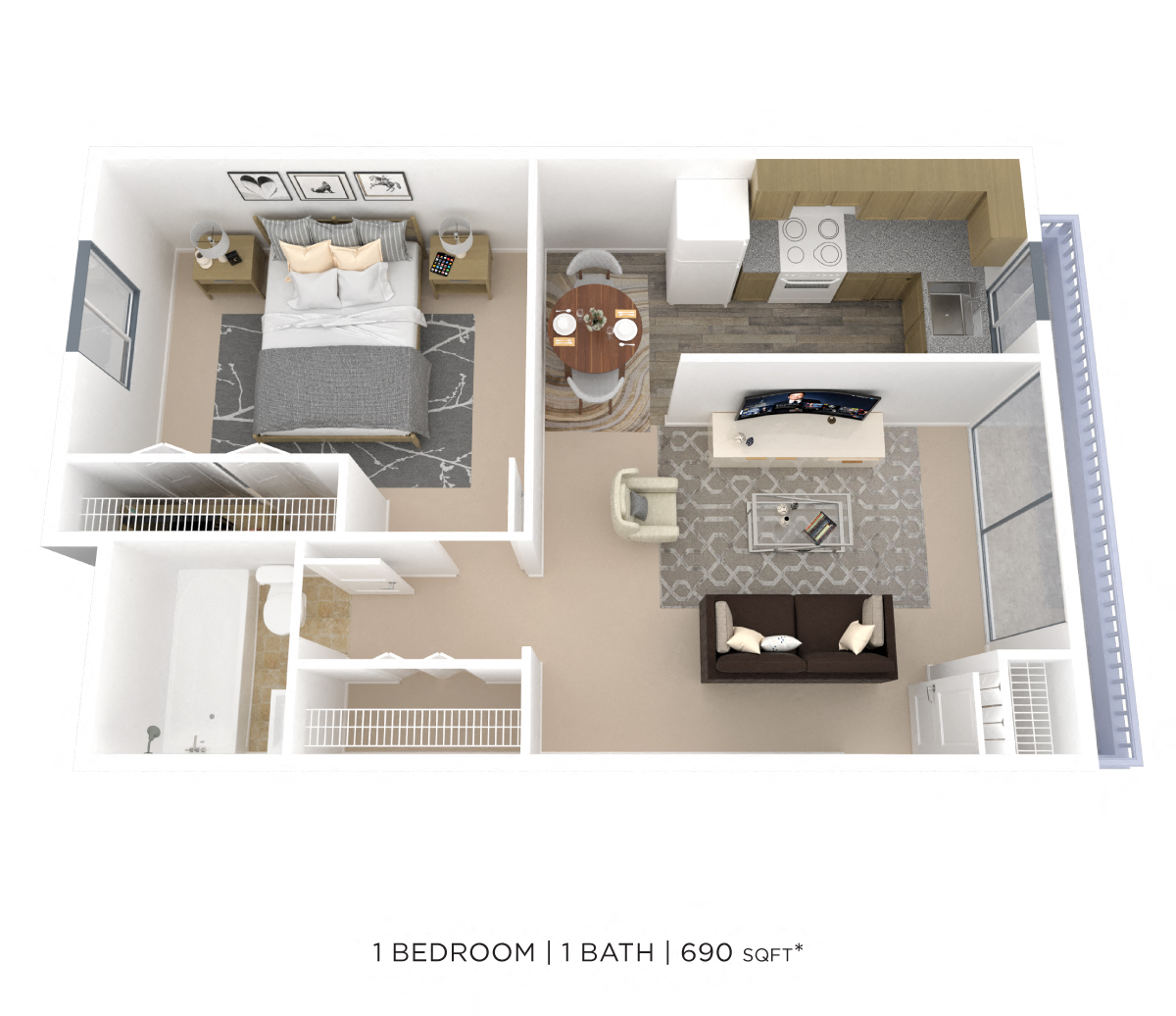 One Bedroom - 690 sqft floor plan