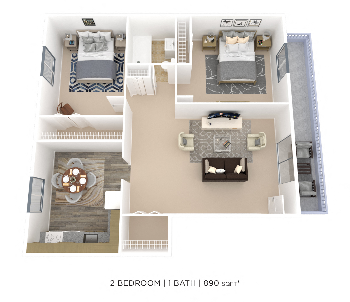 Two Bedroom - 890 sqft floor plan
