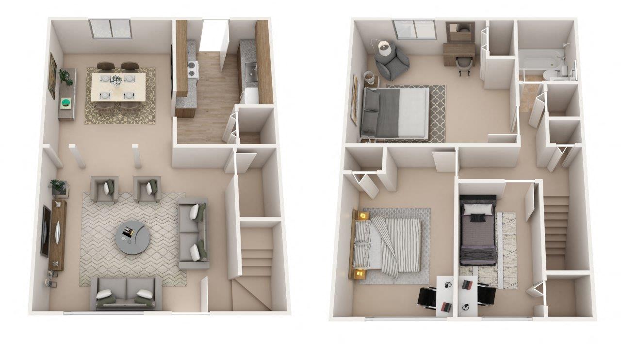 Three Bedroom Townhome - 1,040 sqft floor plan