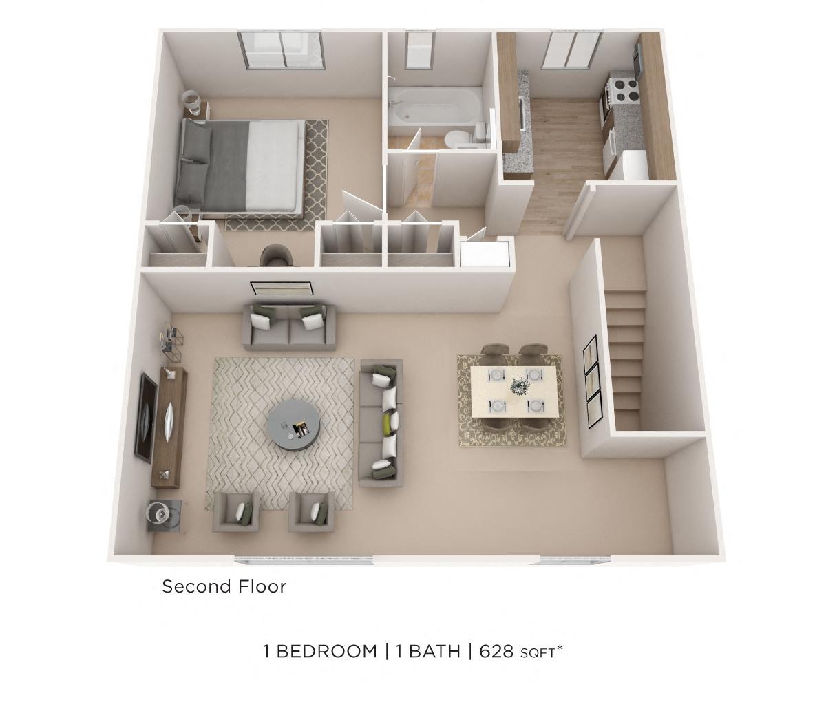 One Bedroom - 628 sqft floor plan