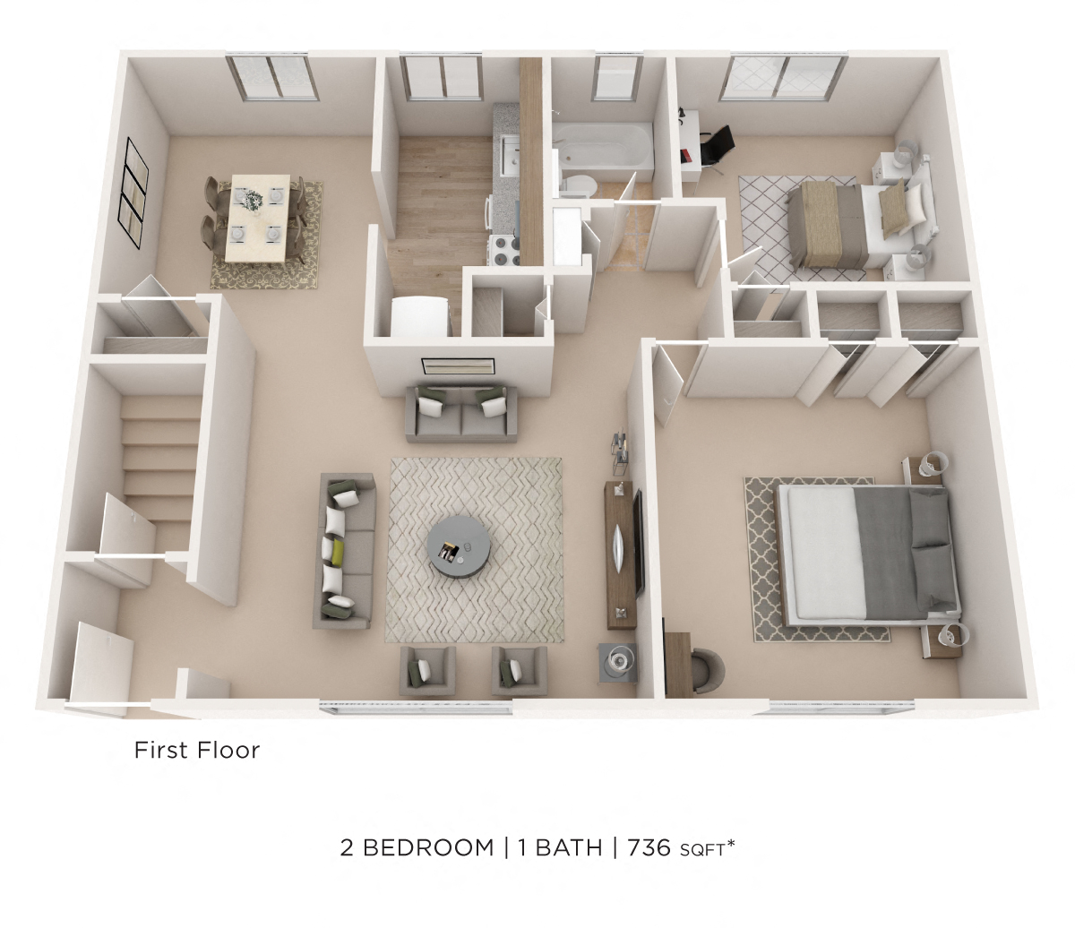 Two Bedroom- 736 sqft floor plan